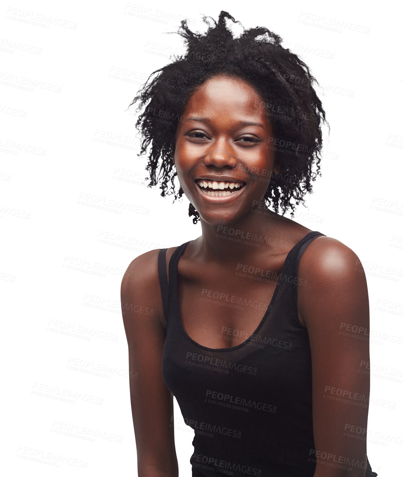 Buy stock photo Beauty, natural afro and black woman portrait laughing with happiness and natural hair care. Happy, smile and face of a African female model with youth isolated on a transparent, png background
