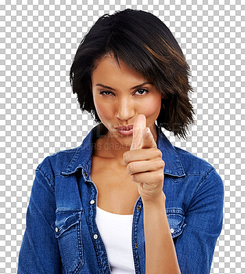 Buy stock photo Pointing finger, choice and portrait of woman with decision confidence and smile. Female person, vote and flirting with hand and emoji gesture for empowerment isolated on transparent, png background
