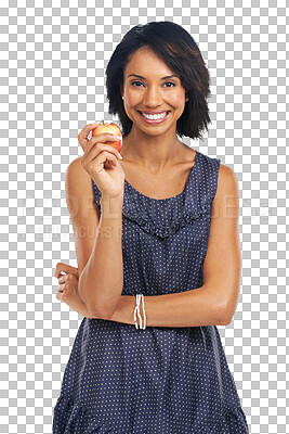 Buy stock photo Apple, happy nutrition portrait and woman smile for healthy balance, weight loss progress or low calorie product. Eating food, snack and hungry female model isolated on a transparent, png background
