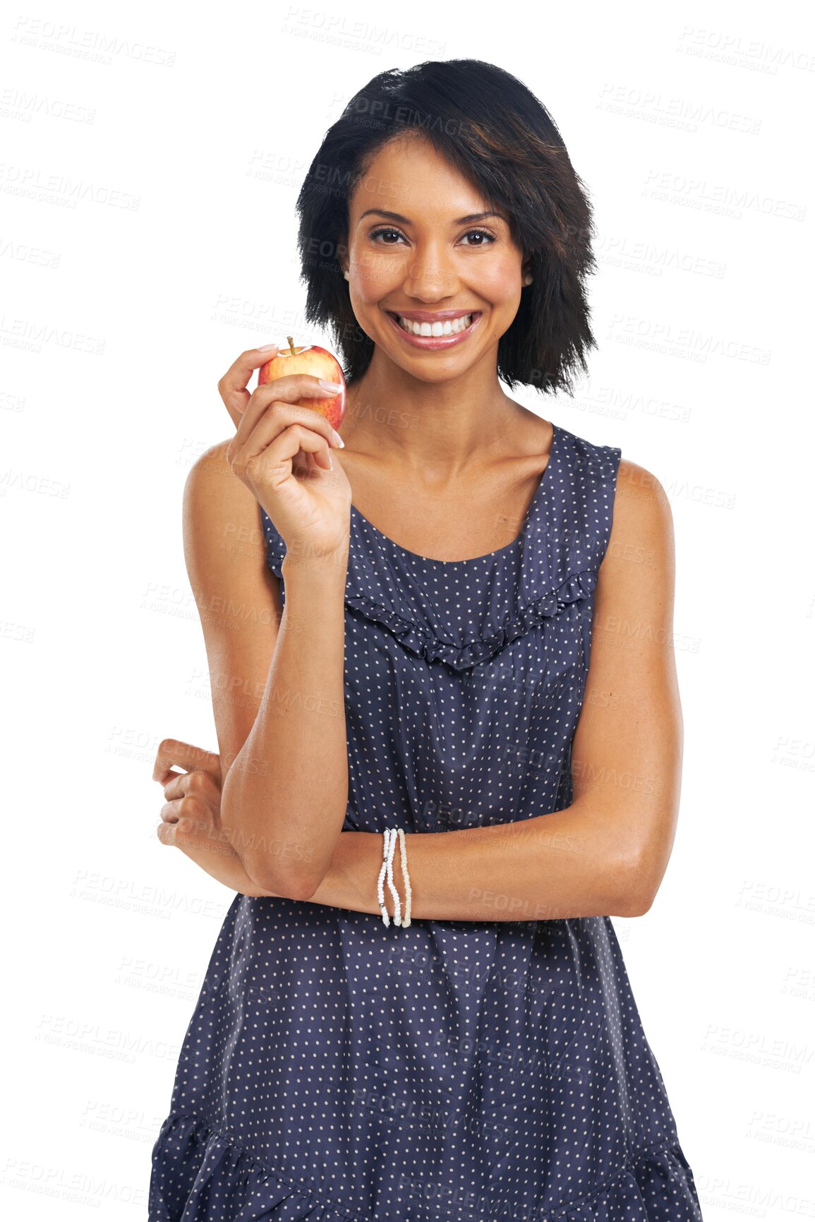 Buy stock photo Apple, happy nutrition portrait and woman smile for healthy balance, weight loss progress or low calorie product. Eating food, snack and hungry female model isolated on a transparent, png background
