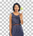 A Woman, portrait and throwing apple for nutrition, diet and wellness food for health lifestyle. Happy black woman with fruit for healthy habits marketing with mockup for wellbeing isolated on a png background