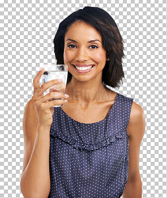 Buy stock photo Smile, portrait and woman with glass of drinking water isolated on transparent, png background. Health, wellness and happiness, model holding drink in hand for hydration, nutrition and happy detox.