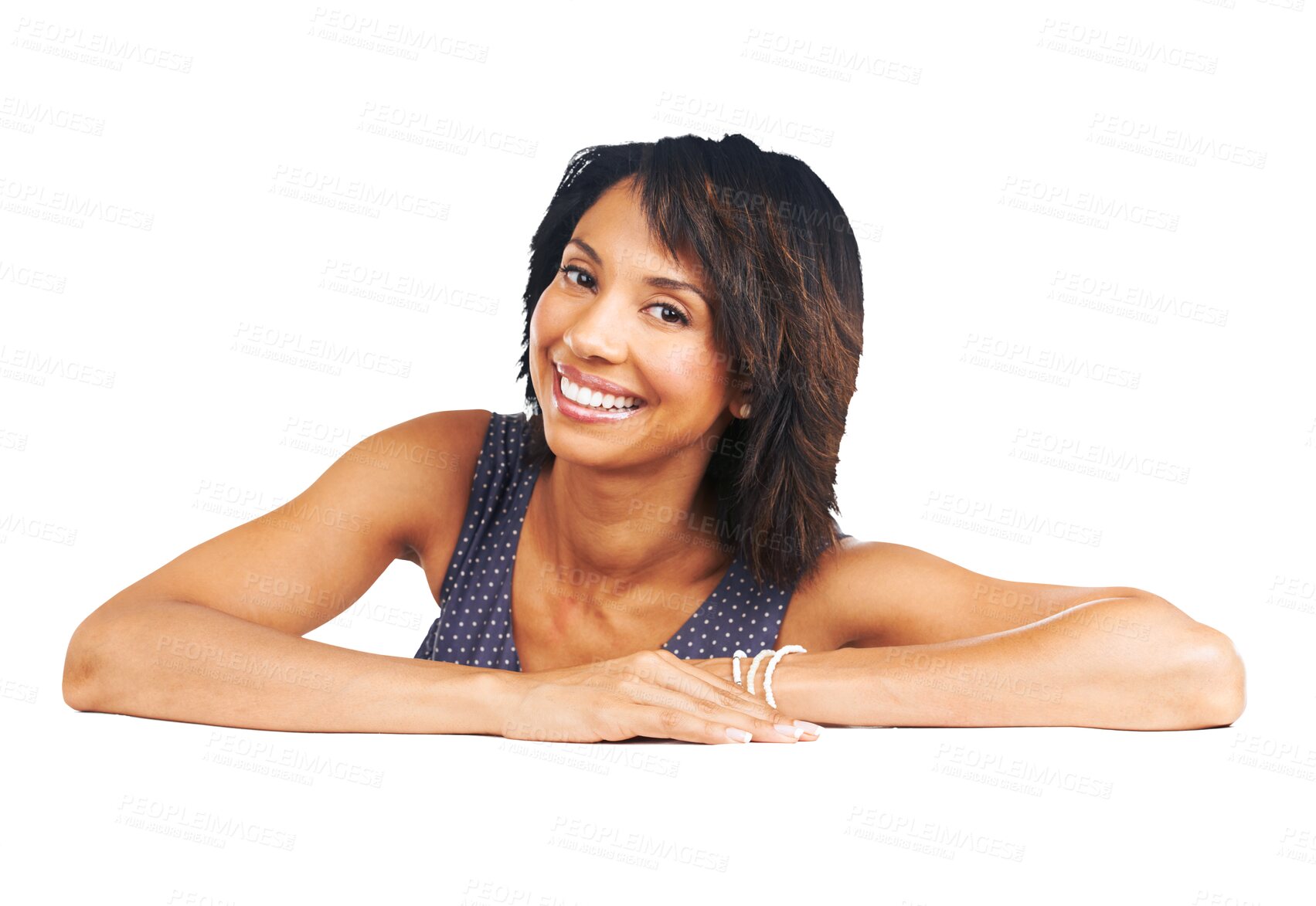 Buy stock photo Portrait, happy and biracial woman isolated on transparent, png background for beauty, confidence and happiness. Smile on face of a young person or beautiful model on table for cosmetics and makeup