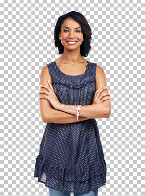 Buy stock photo Pride, happy and portrait of a woman with arms crossed for confidence, empowerment and style. Smile, proud and female model confident in fashion clothes and isolated on a transparent png background
