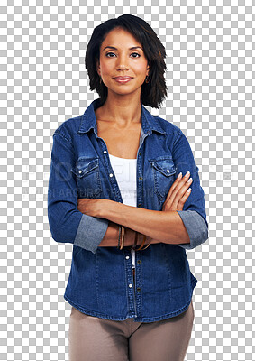 Buy stock photo Arms crossed, serious and portrait of woman on png for confidence, pride and casual style. Cool, trendy and smile with female isolated on transparent background for carefree, expression and mindset