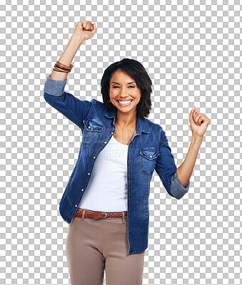 Buy stock photo Celebration, fist and portrait of happy woman isolated on a transparent png background. Success, winner and victory of female person, deal and celebrate bonus goals, winning lottery and achievement
