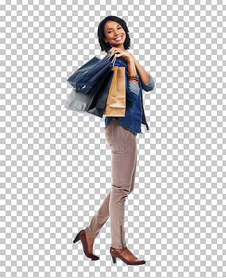 Buy stock photo Fashion, shopping sales bag or woman smile with retail and market bags feeling excited. Happiness, store sale and happy female customer with discount deal isolated on a transparent, png background
