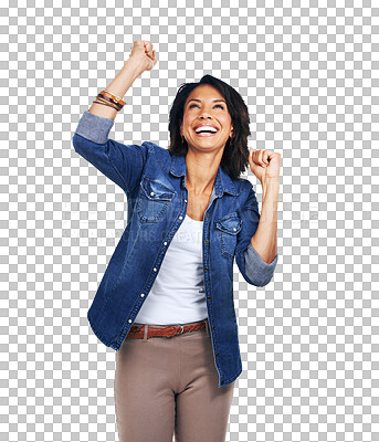 Buy stock photo Success, happy woman and winning fist dance in celebration on isolated, transparent and png background. Good news, new job and lady celebrating promotion, goal or achievement with dancing emoji hands