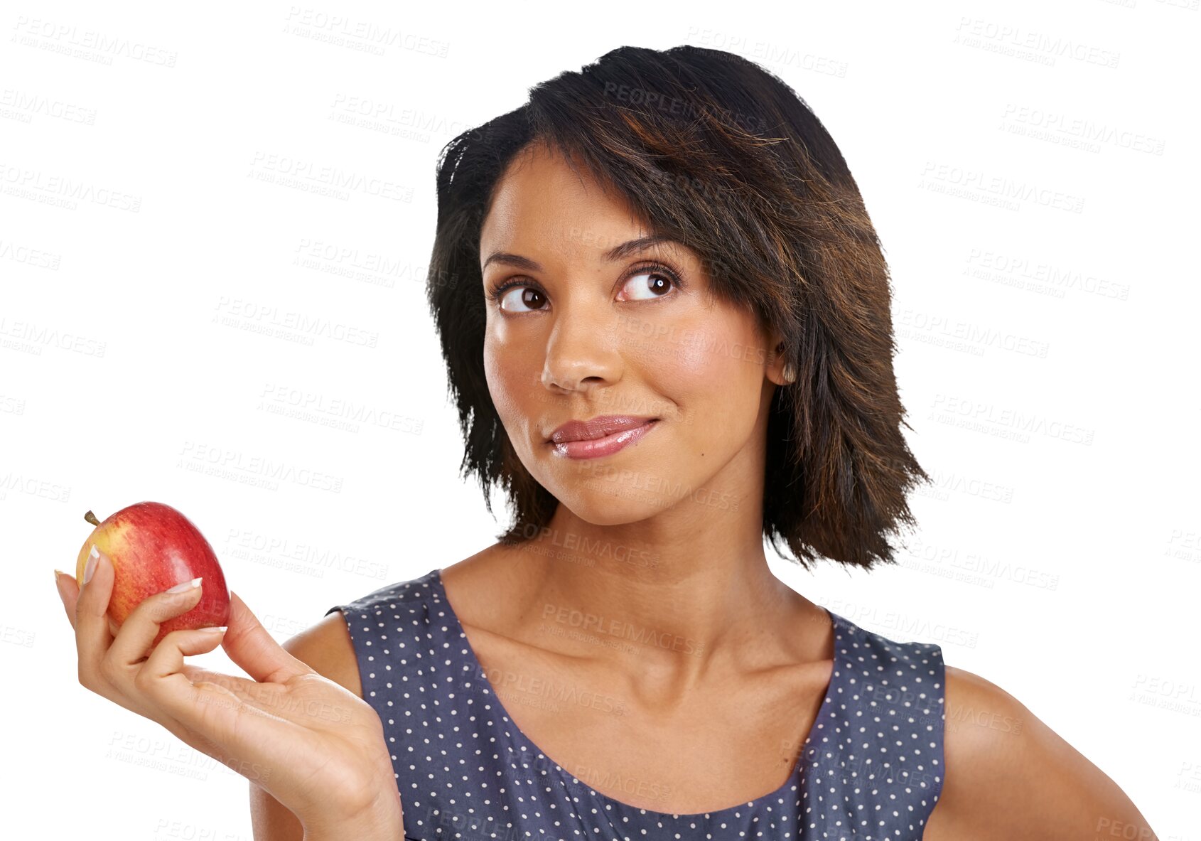 Buy stock photo Woman, thinking and apple with planning solution, ideas and female teacher contemplating. Idea, think and person with inspiration and healthy fruit isolated on a transparent, png background
