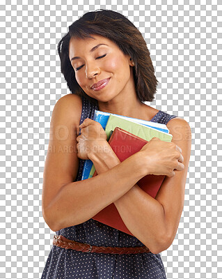 Buy stock photo College books, hug and happy woman, student or university smile for college learning, study project or academy. Back to school, embrace and studying person isolated on a transparent, png background