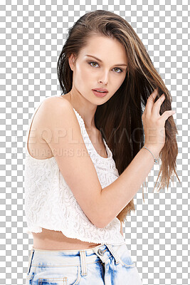 Buy stock photo Woman, hair care and portrait with hands, touch and growth with healthy texture by transparent png background. Isolated model, girl and brunette tresses with hand for wellness, cosmetics or product