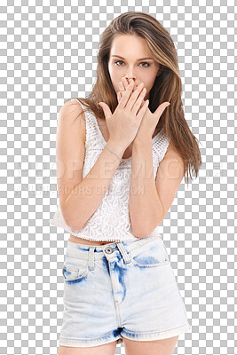 Buy stock photo Shocked, cover and portrait of woman on png for surprise, announcement and wow. Crazy, gossip and notification with young female isolated on transparent background for good news, omg and secret