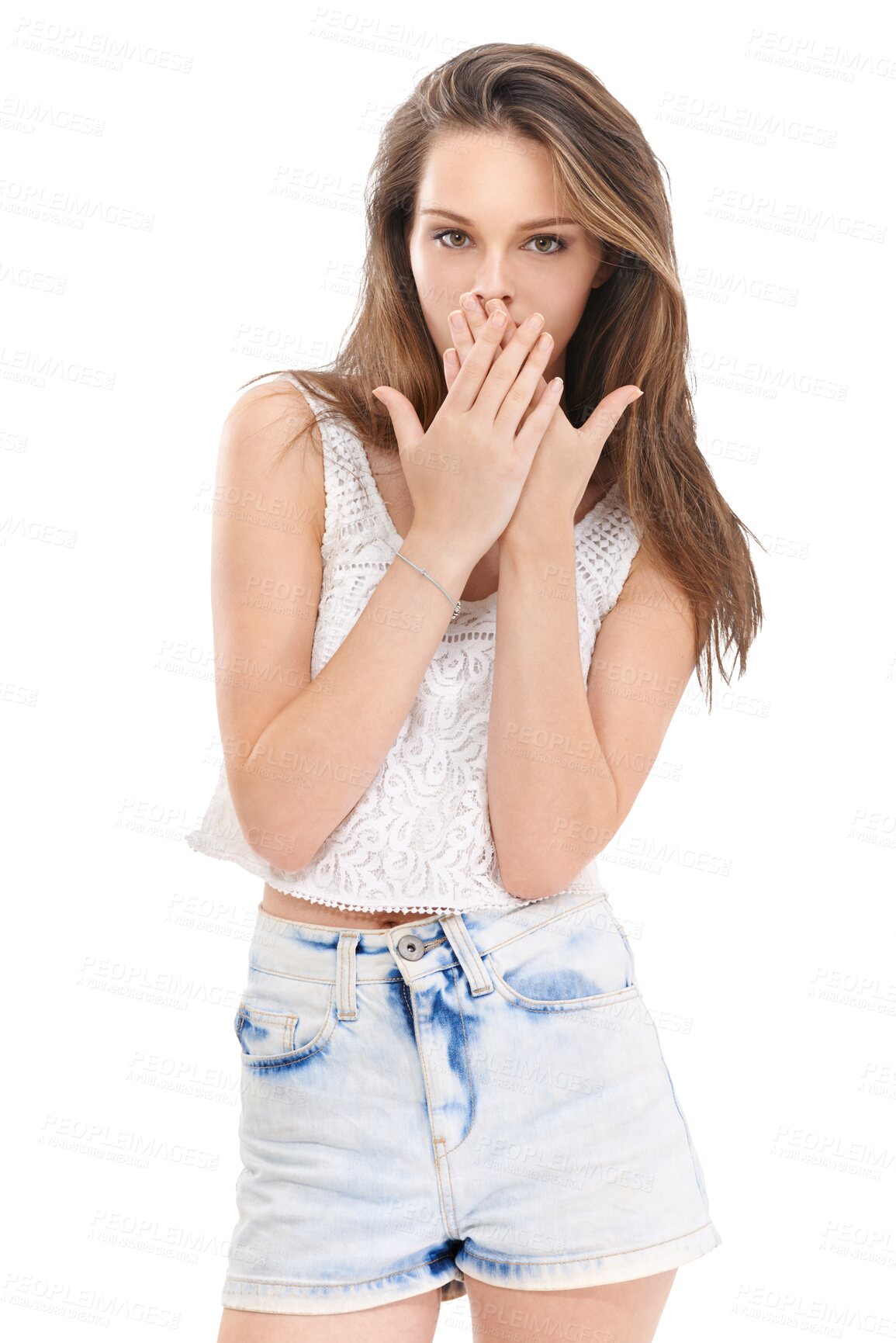 Buy stock photo Shocked, cover and portrait of woman on png for surprise, announcement and wow. Crazy, gossip and notification with young female isolated on transparent background for good news, omg and secret