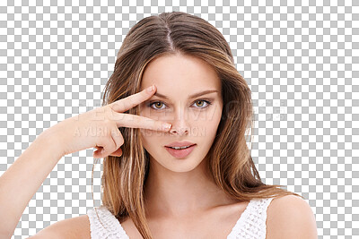 Buy stock photo Peace sign, eye and portrait of woman on png for trendy, beauty and promotion. Makeup, cosmetics and self care with female model and hand gesture isolated on transparent background for confidence