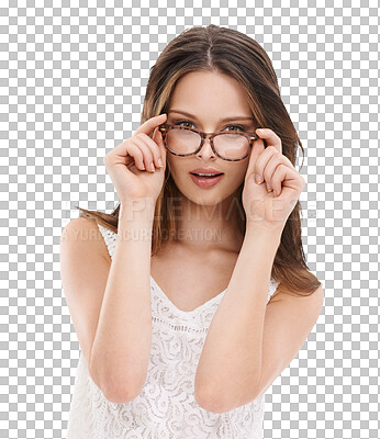 Buy stock photo Portrait, woman and glasses with attitude on isolated, transparent and png background. Face, spectacles and female model with gen z aesthetic, trendy and cool, frame and standing confident indoors