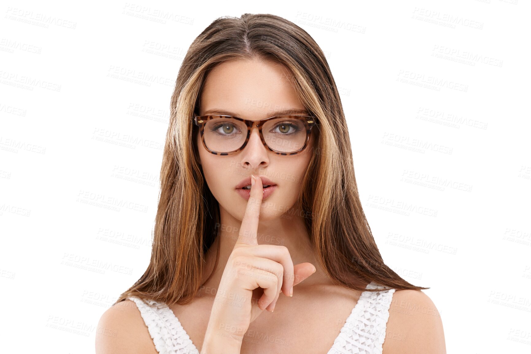 Buy stock photo Woman with finger to lips in portrait, secret or silence with mystery isolated on transparent, png background. Emoji, young female model with keep quiet gesture and privacy with confidential signal