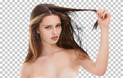 Buy stock photo Hair care, portrait and woman with split ends problem isolated on a transparent png background. Hairloss, face and serious female model with messy hairstyle, frizzy or damage after salon treatment.