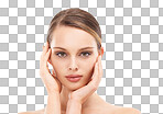 Skincare, facial and portrait of woman in studio on isolated on a png background for wellness, dermatology and healthy skin. Spa, aesthetic and girl with hands on face with cosmetics, makeup and beauty products