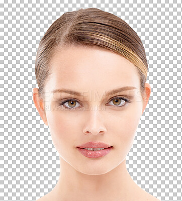 Buy stock photo Face portrait, skincare and beauty of woman isolated on a transparent png background. Natural, makeup cosmetics and serious female model with facial treatment for glowing, healthy and flawless skin.