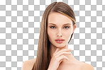 A Beauty model, skincare and portrait with brunette hairstyle, makeup cosmetics or keratin treatment for isolated self care. Woman, face and brown color in hair care growth or glow on isolated on a png background