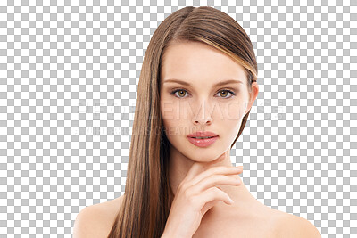 Buy stock photo Beauty, face and haircare of woman with straight hair isolated on a transparent png background. Natural cosmetics, hairstyle portrait and serious female model with salon treatment for long growth.