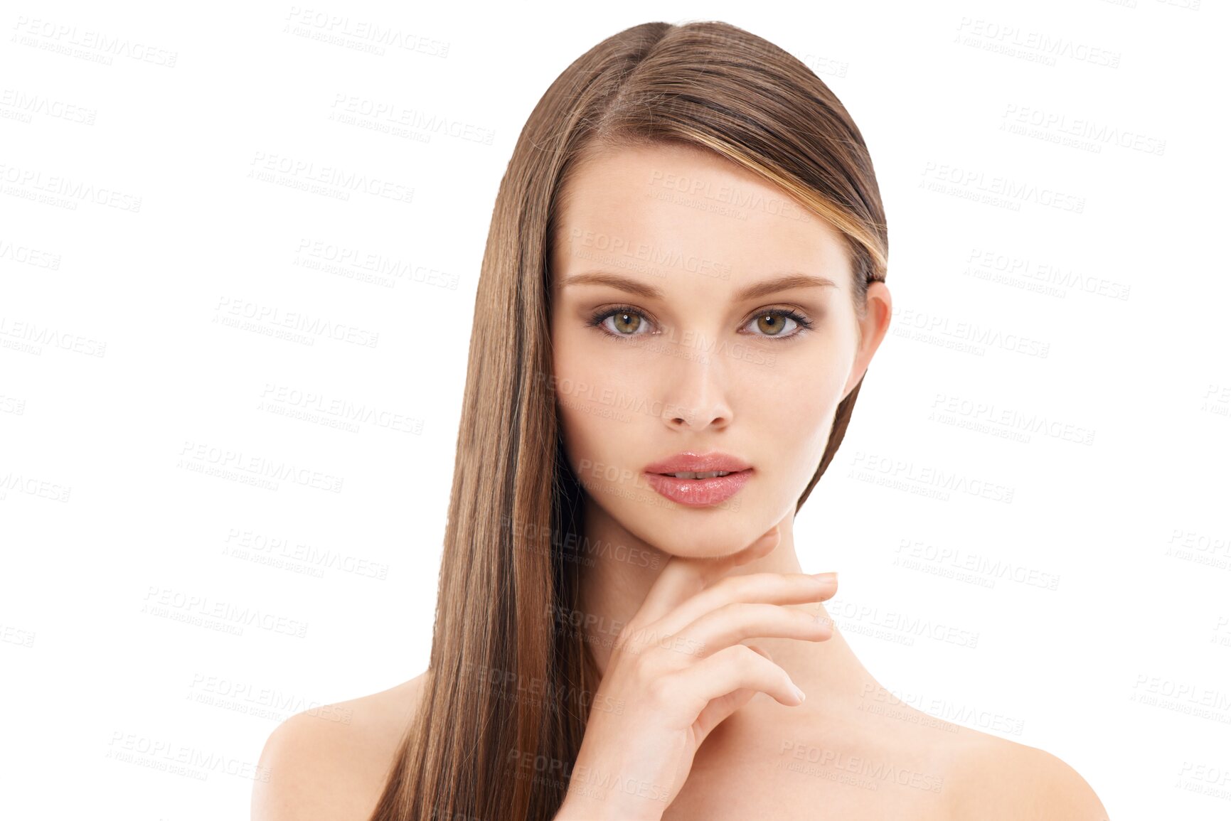 Buy stock photo Beauty, face and haircare of woman with straight hair isolated on a transparent png background. Natural cosmetics, hairstyle portrait and serious female model with salon treatment for long growth.