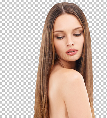 Buy stock photo Hair, beauty and woman relax with body care routine on isolated, transparent and png background. Hair care, treatment and female gen z model posing with self love, grooming and cosmetic satisfaction