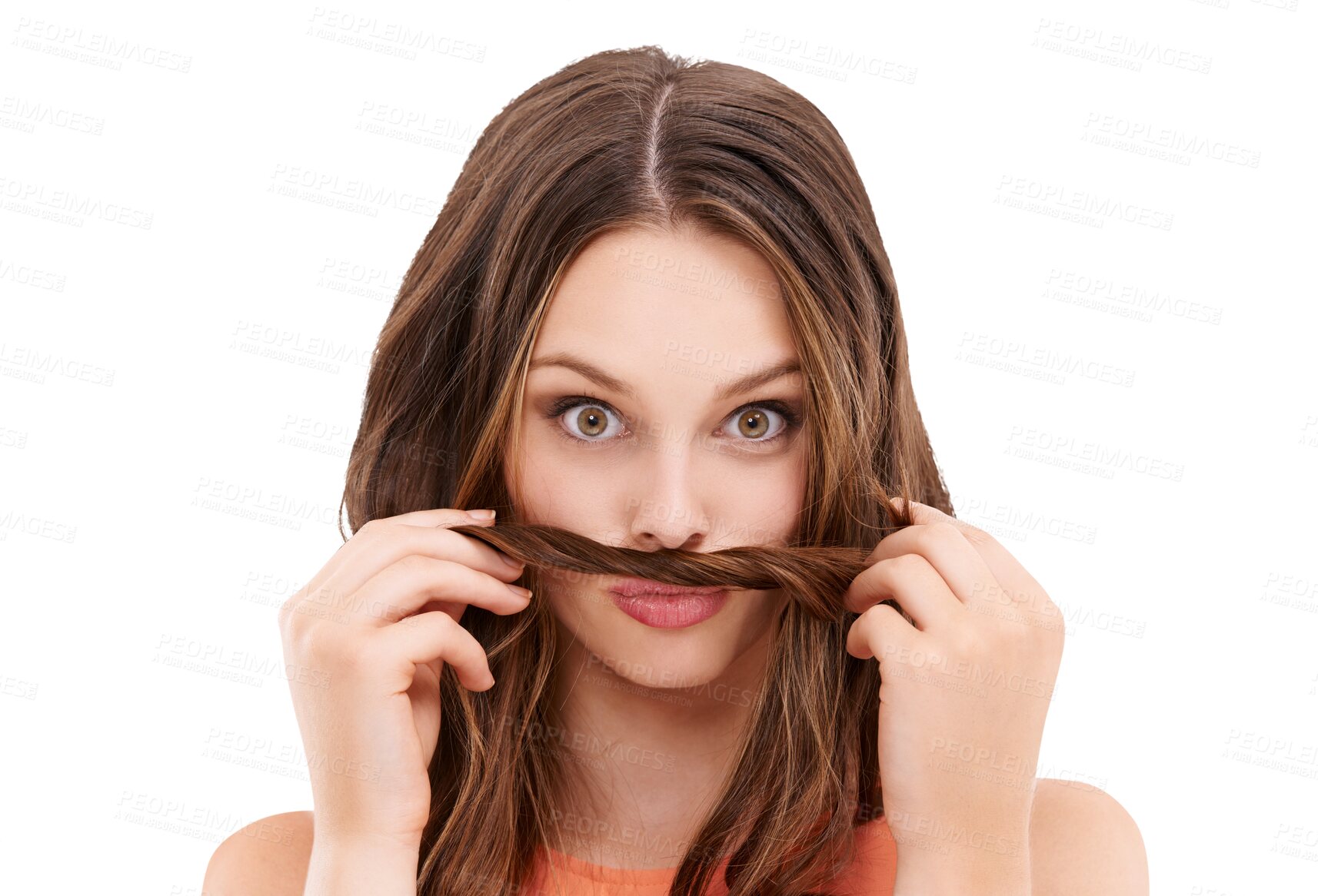 Buy stock photo Hair, woman and face with funny mustache isolated on a transparent png background. Portrait, female model and fake moustache for comedy, humor and salon treatment for beauty, haircare or hairstyle.