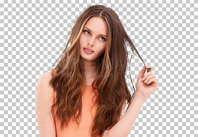 Buy stock photo Hair loss, thinking and woman with damage, problem or split ends isolated on a transparent png background. Haircare, idea and serious female model with messy hairstyle after salon beauty treatment.