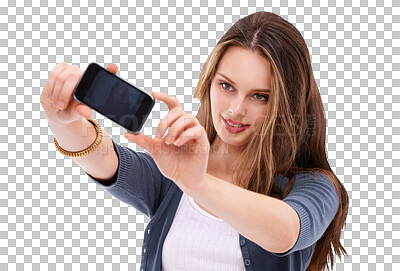 Buy stock photo Woman, selfie and fashion with smile, beauty and confidence for blog by transparent png background. Isolated girl, gen z model and photography for profile picture on social network app with happiness