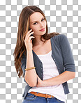 Phone call, portrait and woman with communication, talking or speaking on a smartphone. Discussion, talk and female model on a mobile conversation while isolated on a png background