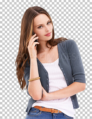 Buy stock photo Portrait, phone call and conversation with a woman isolated on a transparent background for communication. Mobile, contact and networking with a young person speaking on her smartphone on PNG