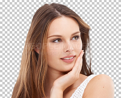 Buy stock photo Face, thinking and mind with a woman isolated on a transparent background to contemplate a thought. Idea, fantasy and daydreaming with an attractive young person contemplating a decision on PNG