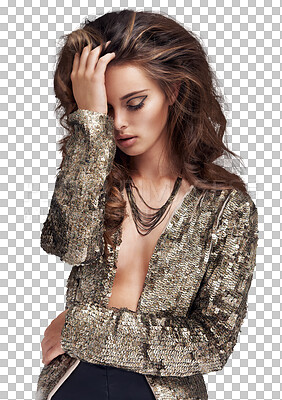 Buy stock photo Fashion clothes, woman and sequin jacket for trendy design and hair care. Salon hairstyle, girl and looking stylish and glamorous in designer clothing isolated on a transparent png background