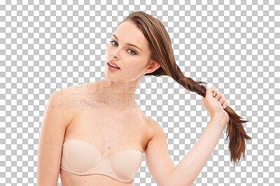 Buy stock photo Hair, natural beauty and portrait of a woman with shine, strong and straight hairstyle. Female person for self care, makeup or hairdresser shampoo treatment isolated on a transparent, png background