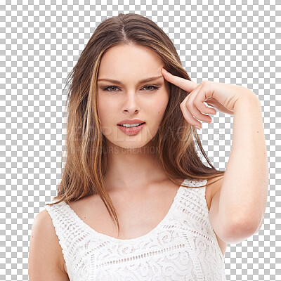 Buy stock photo Woman, portrait or point at head for thinking, ideas and beauty by transparent png background. Isolated girl, model or student with focus, brainstorming and mindset for problem, vision or decision