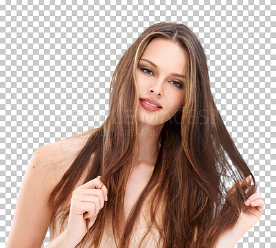 Buy stock photo Hair care, beauty and portrait of a woman with natural, shine and balayage hairstyle. Makeup, cosmetics and female person happy about salon treatment isolated on a transparent, png background