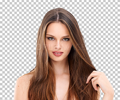 Buy stock photo Woman in portrait, hair and beauty with cosmetic care isolated on transparent, png background. Female model with salon haircare treatment, keratin and volume with growth, shine and color highlights