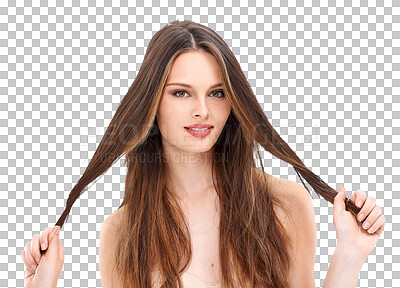 Buy stock photo Haircare, woman and face portrait with long hair isolated on a transparent png background. Beauty, natural cosmetics and smile of female model with salon treatment for growth, texture and balayage.