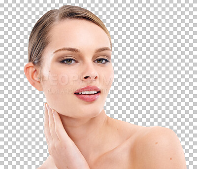 Buy stock photo Face of woman, portrait and makeup with beauty and skincare isolated on transparent, png background. Female model with healthy skin, glow and dermatology, cosmetic care with smile and grooming