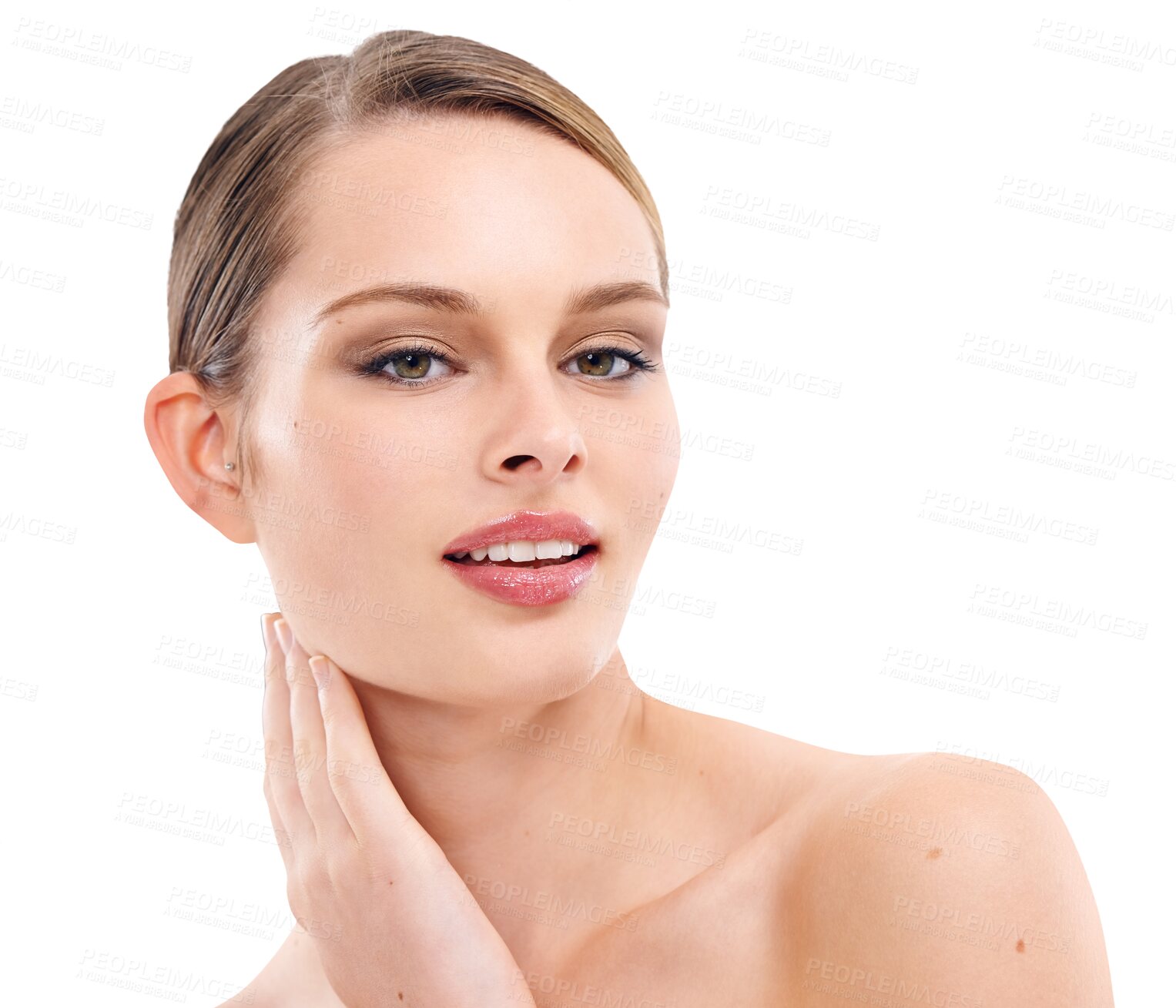 Buy stock photo Face of woman, portrait and makeup with beauty and skincare isolated on transparent, png background. Female model with healthy skin, glow and dermatology, cosmetic care with smile and grooming
