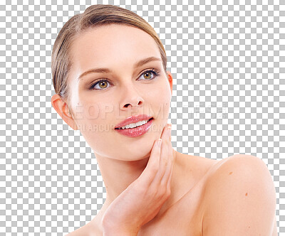 Buy stock photo Woman, face and skincare with makeup, beauty and smile isolated on transparent, png background. Female model with healthy skin, glow and dermatology, natural cosmetic care with facial and grooming