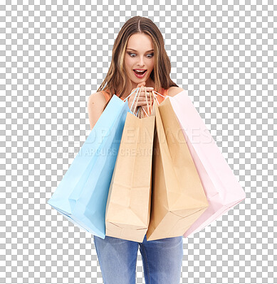 Buy stock photo Woman, shopping bag and sale with wow, clothes or retail discount by transparent png background. Isolated model, girl and customer experience with surprise, gift or deal at store, shop or boutique