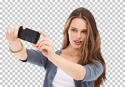 Buy stock photo Woman, selfie and beauty with face, photography or profile picture for blog, web or app by transparent png background. Isolated model, girl and online influencer with social network content creator