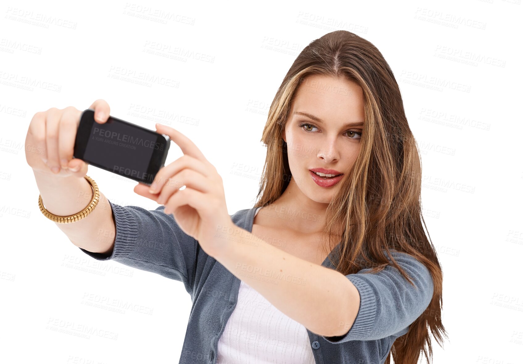 Buy stock photo Woman, selfie and beauty with face, photography or profile picture for blog, web or app by transparent png background. Isolated model, girl and online influencer with social network content creator