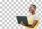 Happy, mock up background and woman with laptop for typing fashion blog, spring online shopping or post to social media app. Marketing mockup, advertising and pink African girl with digital computer isolated on a png background