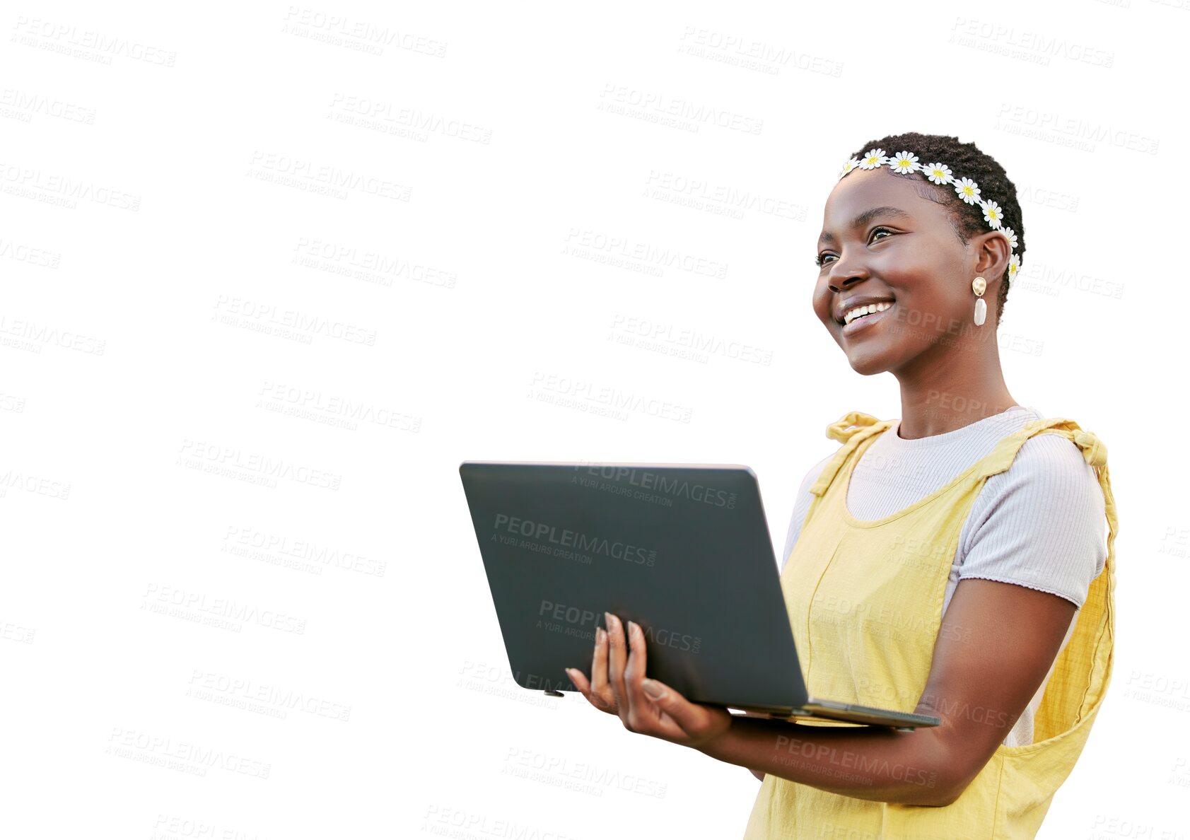 Buy stock photo Black woman, student and smile with laptop for fashion blog, social network or post by transparent png background. Isolated girl, thinking and computer for learning, spring aesthetic or study on web