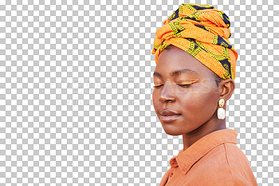 Buy stock photo Black woman, beauty and face with head scarf, fashion style and skincare isolated on a transparent png background. African model, cosmetics and person with turban, facial eyeshadow and orange makeup.