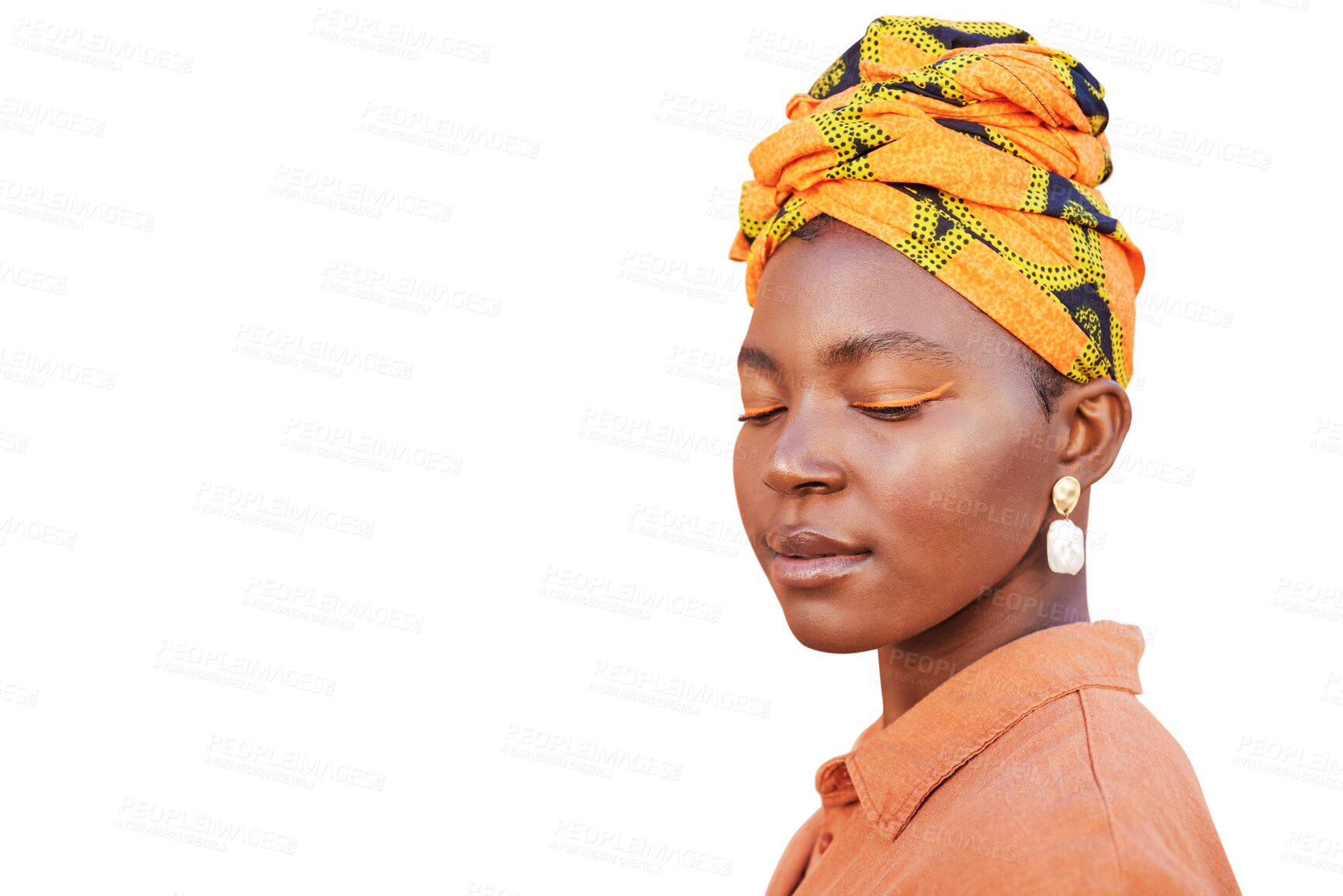 Buy stock photo Black woman, beauty and face with head scarf, fashion style and skincare isolated on a transparent png background. African model, cosmetics and person with turban, facial eyeshadow and orange makeup.