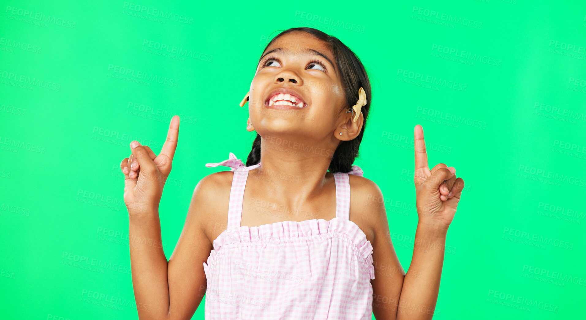 Buy stock photo Green screen, pointing and girl child with smile for direction or advertising with joy, happiness and space. Face, African American female kid or young person with gesture for marketing or choice